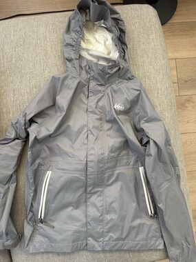 REI Co-op Light Gray Hooded Outdoor Jacket with Orange Loop